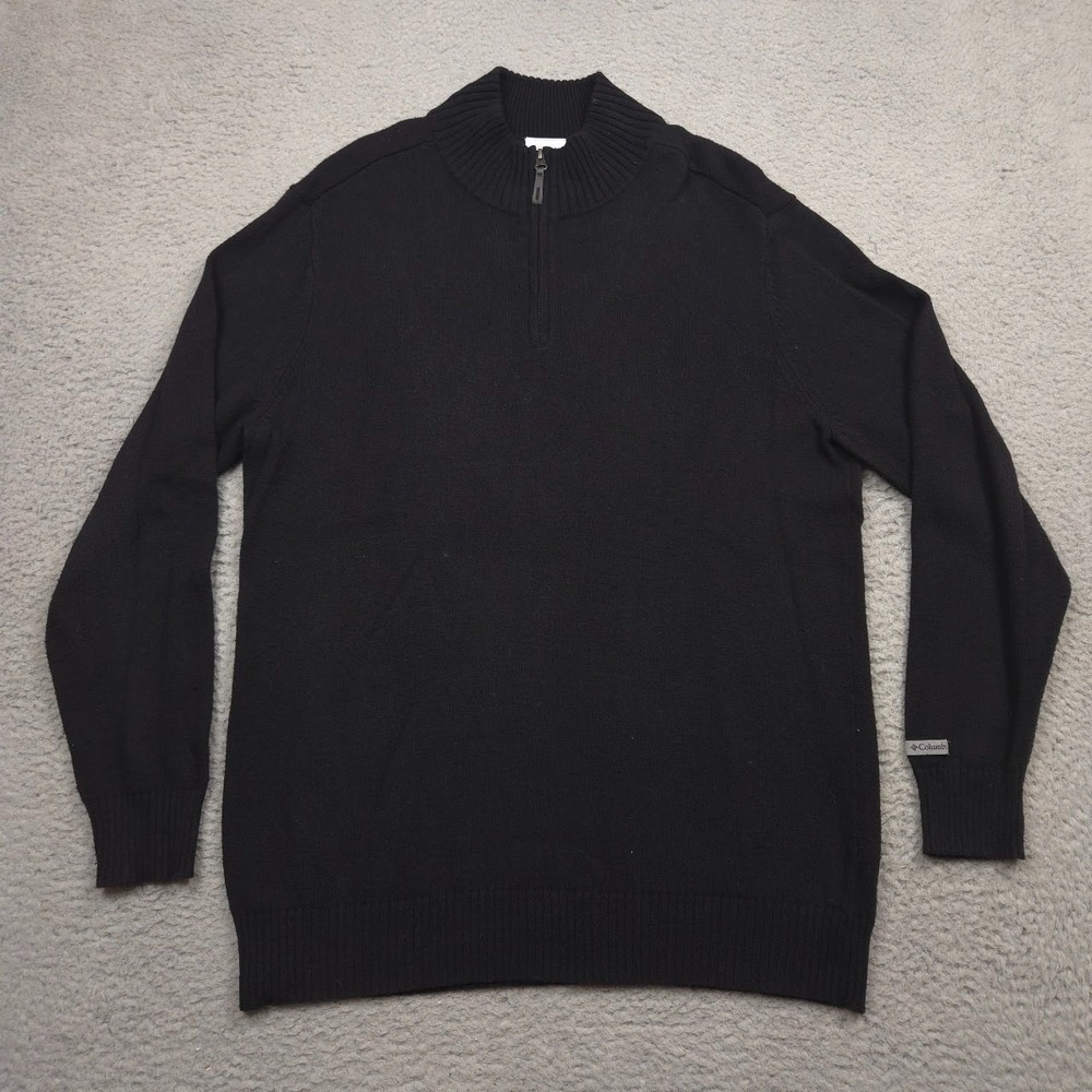 Columbia Mens Large Black Quarter Zip Cotton Wool Sweater Mock Neck Outdoor